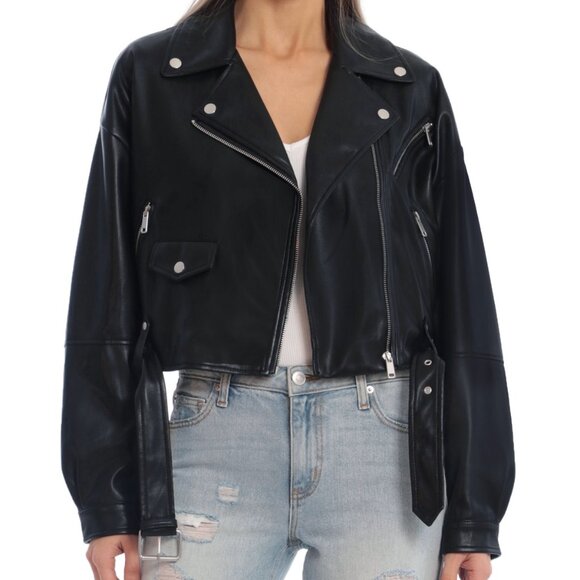 Avec Les Filles Oversized Faux Leather Cropped Biker Jacket - Black - M - Picture 1 of 11